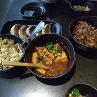 Rice, two curries and Gyoza at Suissi Vegan Kitchen  in Glasgow