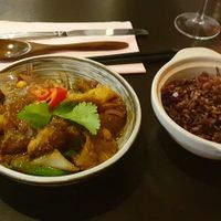 Rendang with lion mane mushroom plus brown rice at Suissi Vegan Kitchen  in Glasgow