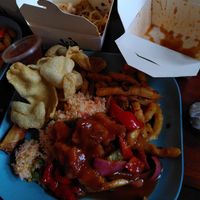 Sweet & Sour Trumpet mushrooms, salt chilli chips, fried rice, vegan crackers and spring roll at Suissi Vegan Kitchen  in Glasgow