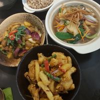 redang lion mane mushroom curry, salt & chilli chips & clay pot tofu (very lacking in flavour) at Suissi Vegan Kitchen  in Glasgow
