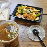 Terriyaki y sour soup y ginger tea at Chun Vegetarian in Brooklyn