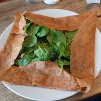Vegan Bernard with garlic fried potatoes, spinach and vegan cheese at Crêperiet in Lund