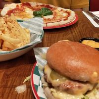 Vegan pizza, vegan cheesy chilli chips and vegan burger  at Frankie & Benny's in Renfrew