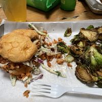 Orange chiken sandwich and crispy brussels  at Dharma Southern Kitchen in Tampa