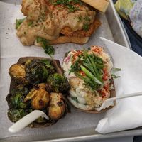 Special of the day peppercorn fried chick'n, potato salad, Brussels at Dharma Southern Kitchen in Tampa