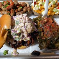 “Orange Bird” sloppy joe, buffalo Mac and cheeze, boiled peanuts, collards at Dharma Southern Kitchen in Tampa