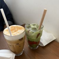 Pumpkin Spice Latte and Strawberry Matcha  at Cafe Halcyon in Chatan