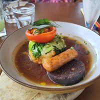 Vegan bubble & squeak with additional sausage & black pudding at Rooted in Bath