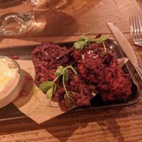 Beetroot pakoras with houmous at Marley's in Folkestone
