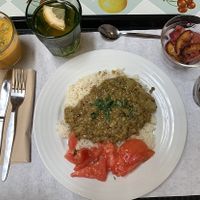 Carrot soup, curried lentils, and peaches!  at A Praça in Sintra