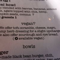 Vegan note on menu at The Wolf Cafe in Ballwin