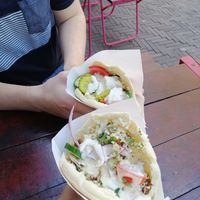 Mushroom shoarma and falafel pita at Maoz in The Hague