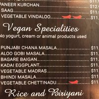 Vegan section of the menu  at Flavors of India in Port Charlotte