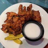Fried broccoli-onions in a chickpea batter, bjajia with coconut sauce at Natural Oasis Cafe in Rochester