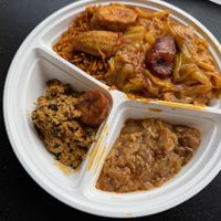 Vegan platter with cabbage, egusi soup, eggplant, plantains and jollof rice at Mary's African Cuisine in Halifax