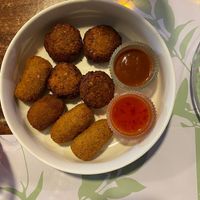 Vegan croquetas and falafel. Sauces were delicious at A Porta Verde in Santiago De Compostela