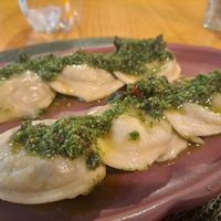 Sorrentinos stuffed with pumpkin and seaweed with pesto at A Porta Verde in Santiago De Compostela