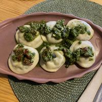 Pumpkin Ravioli with pesto and sundried tomato. Yum!  at A Porta Verde in Santiago De Compostela