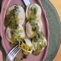 Pasta sorrentino with squash filling, very nice homemade pesto at A Porta Verde in Santiago De Compostela