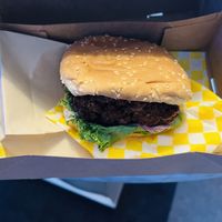 About to enjoy a vegan burger   at Honeybee Burger in Los Angeles