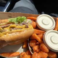 Impossible with sweet potatoes tots/fries  at Honeybee Burger in Los Angeles