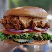 Atlas.Monroe fried chick'n sando at Honeybee Burger in Los Angeles