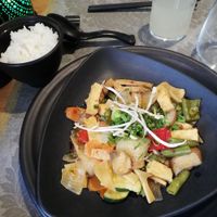 Mix of vegetables and tofu with rice at HUM in Riga