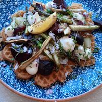 Savoury waffle with beet roots and asparagus at Älskade Traditioner in Stockholm