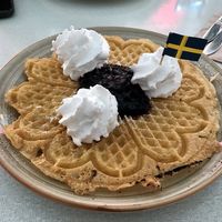 Vegan sweet waffle w/ coconut cream and blueberry jam at Älskade Traditioner in Stockholm
