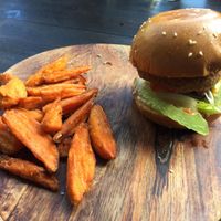 ‘Chicken’ burger (without ‘bacon’ at my request) and sweet potato fries  at Lisica Cafe in Maribyrnong