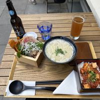 Ramen / Mabo lunch set, plus green tea zero alcohol beer.  at Uki Green in Warsaw