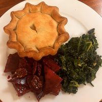 “Chicken” pot pie with beets and kale  at Follow Your Heart Market & Cafe in Canoga Park