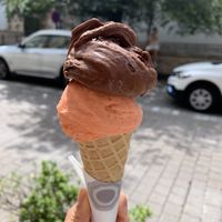 Vegan cone with seasonal fruits & dark chocolat sorbet ice.  at Bargello in Luxembourg City