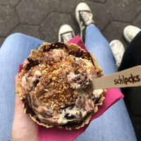 Vegan vanilla and chocolate ice cream with peanut butter and vegan brownie at Schlecks in Osnabrueck