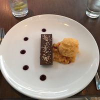 Botter chocolaté dessert with mango ice cream and bits at Wotton House in Wotton