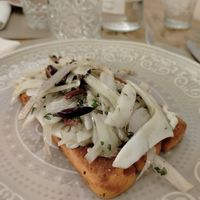 Panissa al pomodoro con finocchi, olive nere e asparagi at Orto in Gubbio