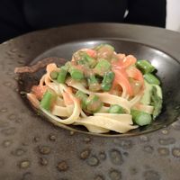 Tagliatelle con crema di fame, asparagi e coulis di pomodoro at Orto in Gubbio