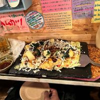Vegan Okonomoyaki with vegan chesse at OKO Okonomiyaki in Osaka
