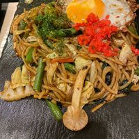 Yaki soba with fried egg at OKO Okonomiyaki in Osaka