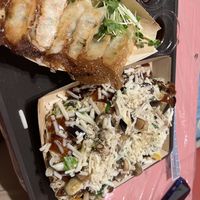 Vegan gyoza and vegan okomoyaki (vegan cheese!)  at OKO Okonomiyaki in Osaka