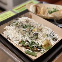 Mushroom, potato, eggplant, shallot and green bean okonomiyaki with vegan cheese  at OKO Okonomiyaki in Osaka