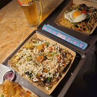 Vegan gyoza, vegan okonkmiyaki and asahi beer at OKO Okonomiyaki in Osaka