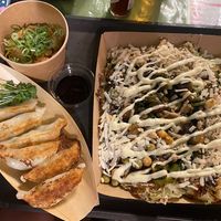 Gyozas, Kimchi and Okonomiyaki. All vegan.  at OKO Okonomiyaki in Osaka