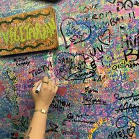 Inside the building you can draw on the walls!  at OKO Okonomiyaki in Osaka