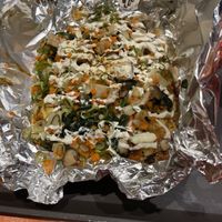 Vegetarian okinomiyaki with potato, mushroom, spinach, long onion, and carrots  at OKO Okonomiyaki in Osaka