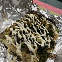 My HUGE okonomiyaki with green beans, asparagus, potato, spinach and eggplant   at OKO Okonomiyaki in Osaka