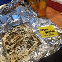 Vegan okonomiyaki with vegan cheese, mushroom, eggplant and green pepper at OKO Okonomiyaki in Osaka