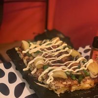 With vegan mayo on top (offered by the staff) at OKO Okonomiyaki in Osaka