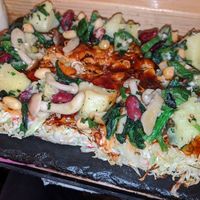 Vegan Okonomiyaki: Potatoes, mushrooms, mixed beans, spinach, oskra at OKO Okonomiyaki in Osaka