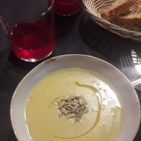 Amazing vegetables and potatoes soup and sesame aroma at CactusCat Bar in Barcelona